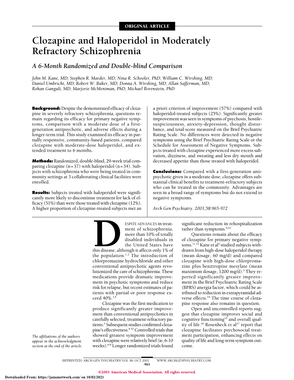 Clozapine and Haloperidol in Moderately Refractory Schizophrenia a 6-Month Randomized and Double-Blind Comparison