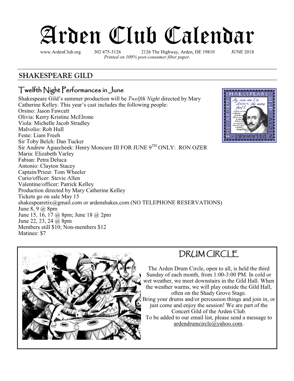 Arden Club Calendar 302 475-3126 2126 the Highway, Arden, DE 19810 JUNE 2018 Printed on 100% Post-Consumer Fiber Paper