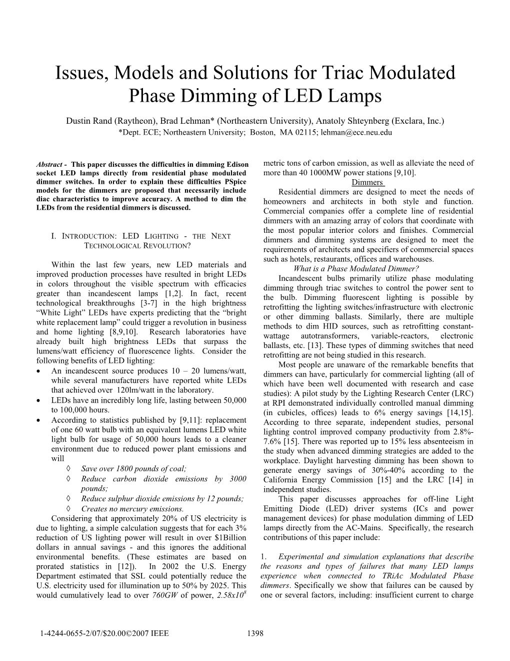 Issues, Models and Solutions for Triac Modulated Phase Dimming of LED Lamps