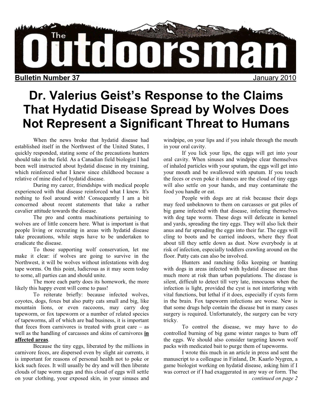 No. 37 Jan 2010-Dr. Valerius Geist's Response on Dangers to Humans on Hydatid Diseases