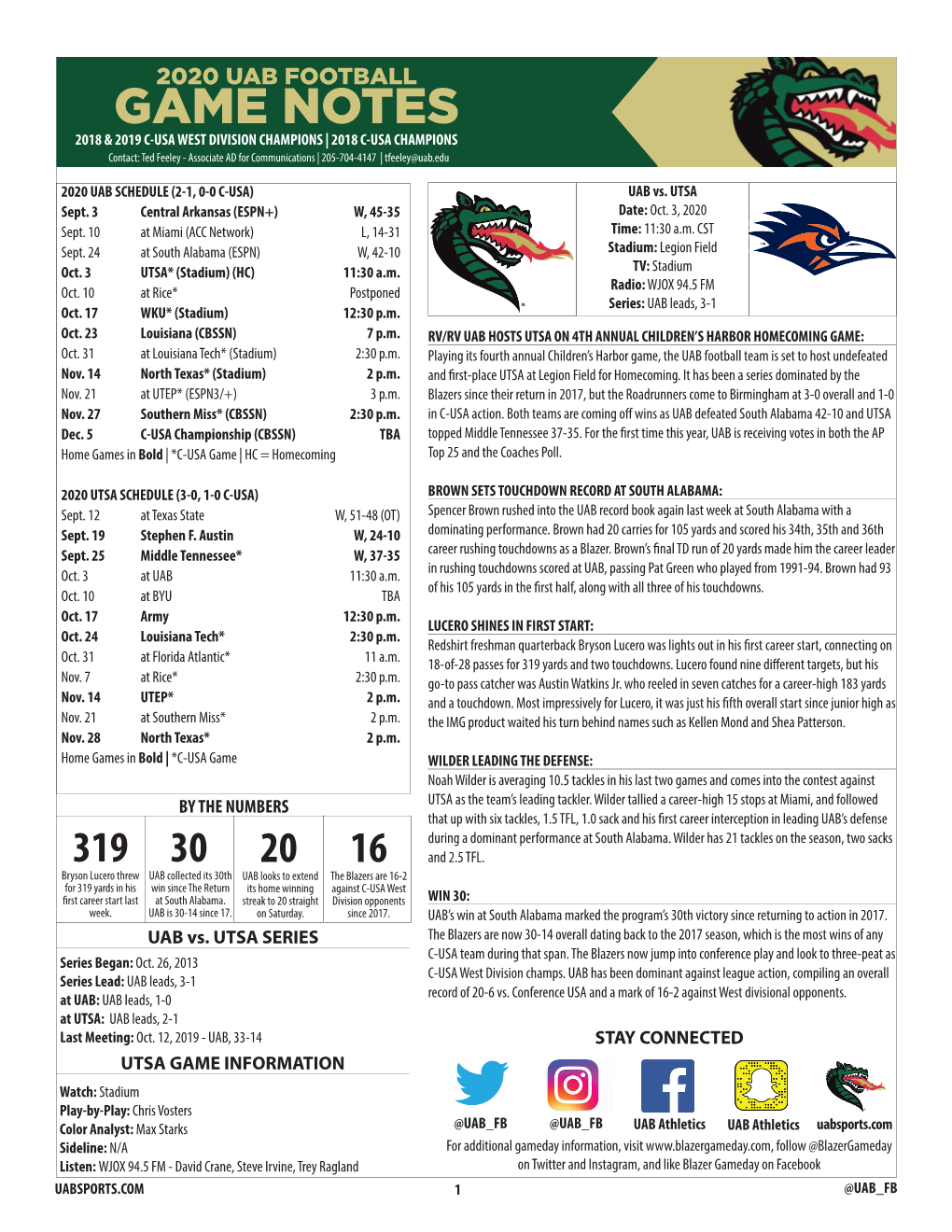 GAME NOTES 2018 & 2019 C-USA WEST DIVISION CHAMPIONS | 2018 C-USA CHAMPIONS Contact: Ted Feeley - Associate AD for Communications | 205-704-4147 | Tfeeley@Uab.Edu