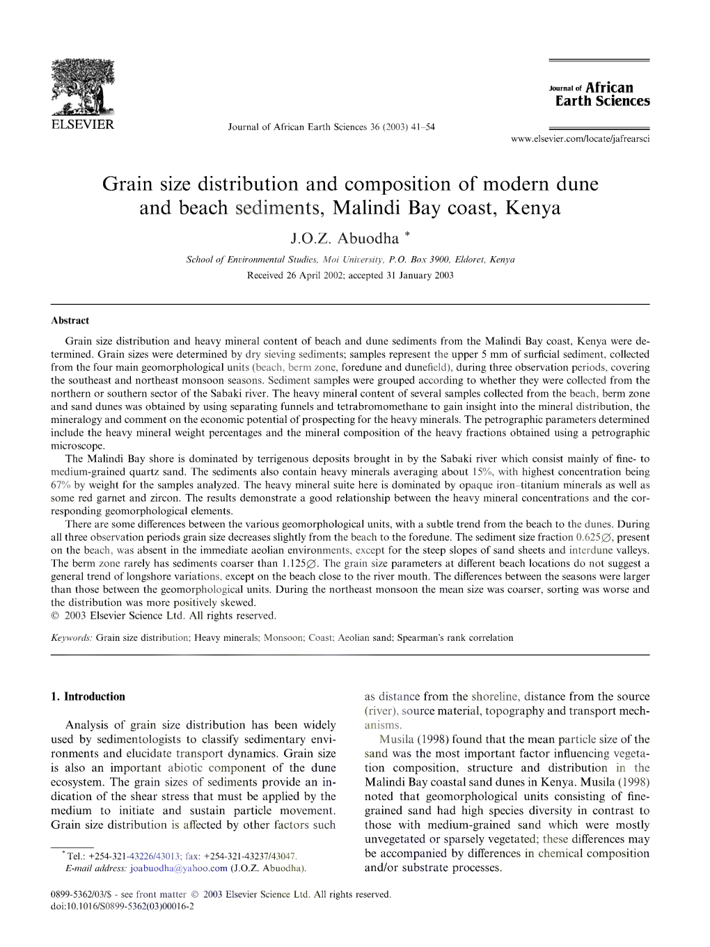 Grain Size Distribution and Composition of Modern Dune and Beach Sediments, Malindi Bay Coast, Kenya J.O.Z