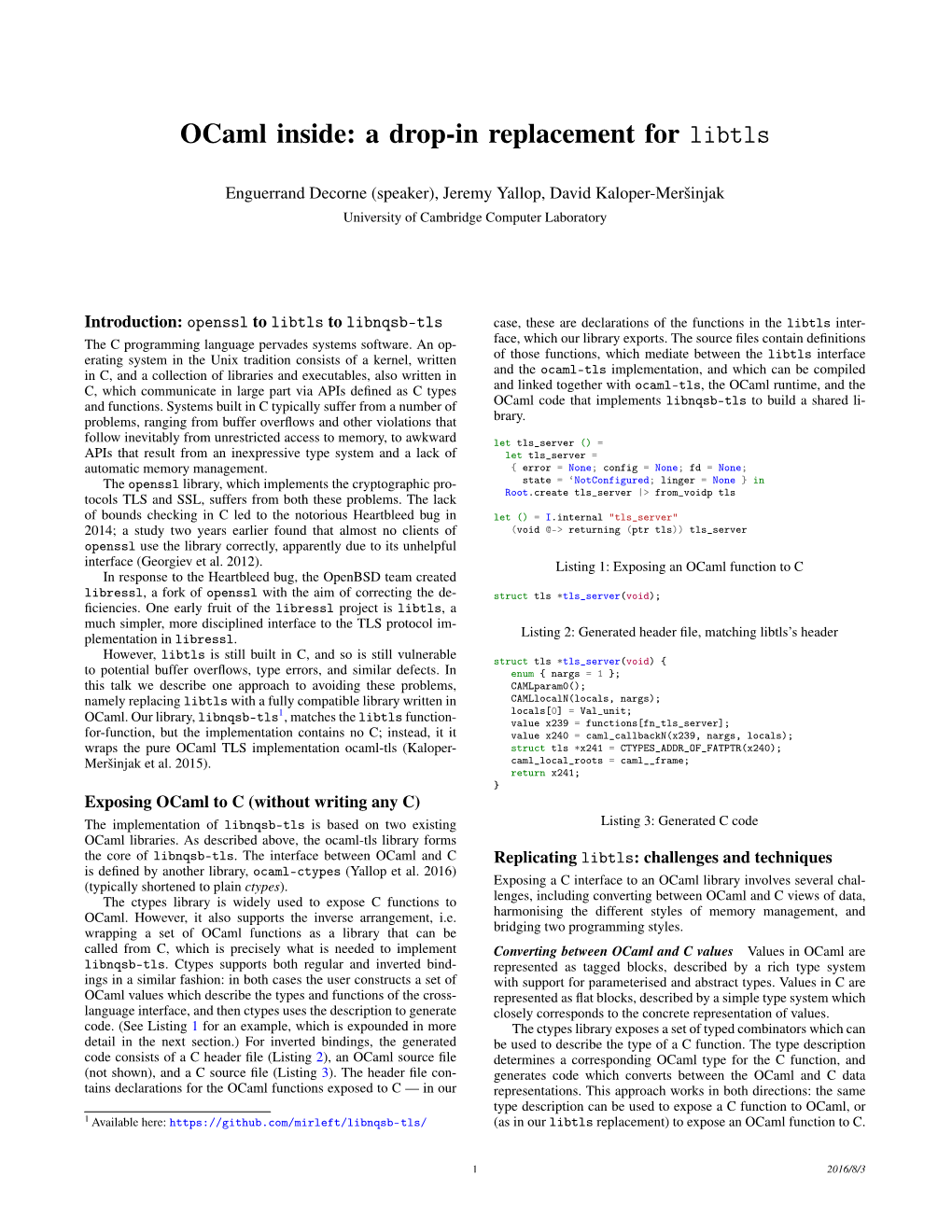 Ocaml Inside: a Drop-In Replacement for Libtls