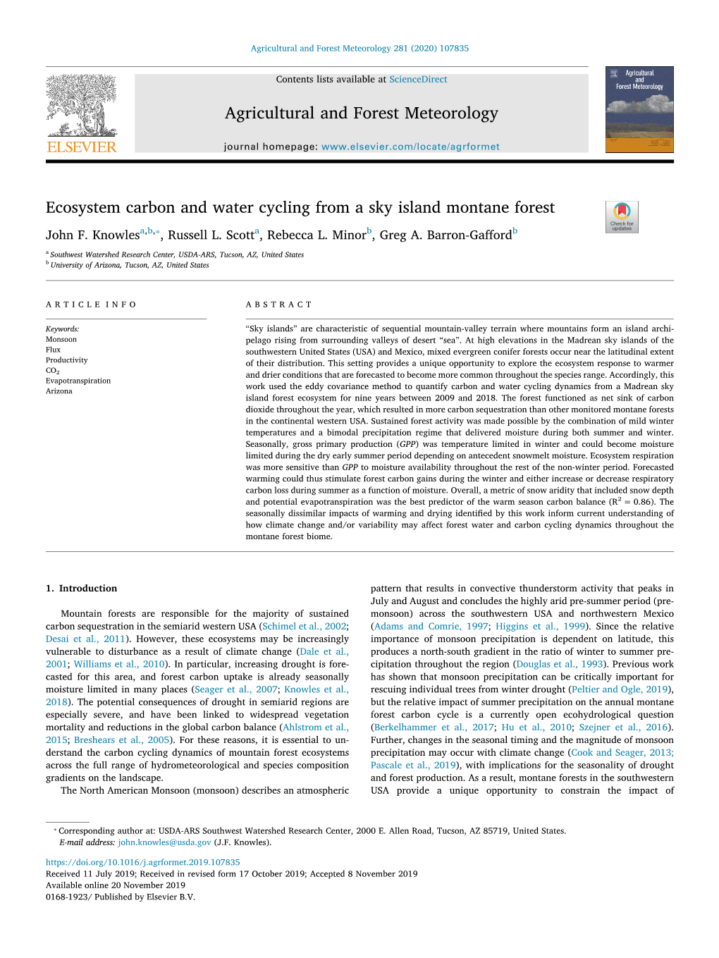 Ecosystem Carbon and Water Cycling from a Sky Island Montane Forest T ⁎ John F