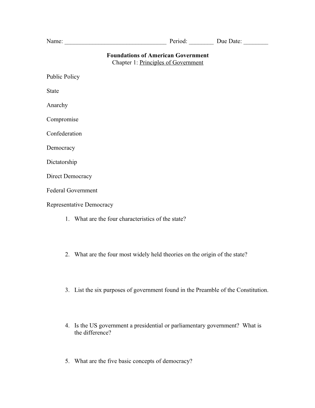 Unit 1 Homework Packet Government