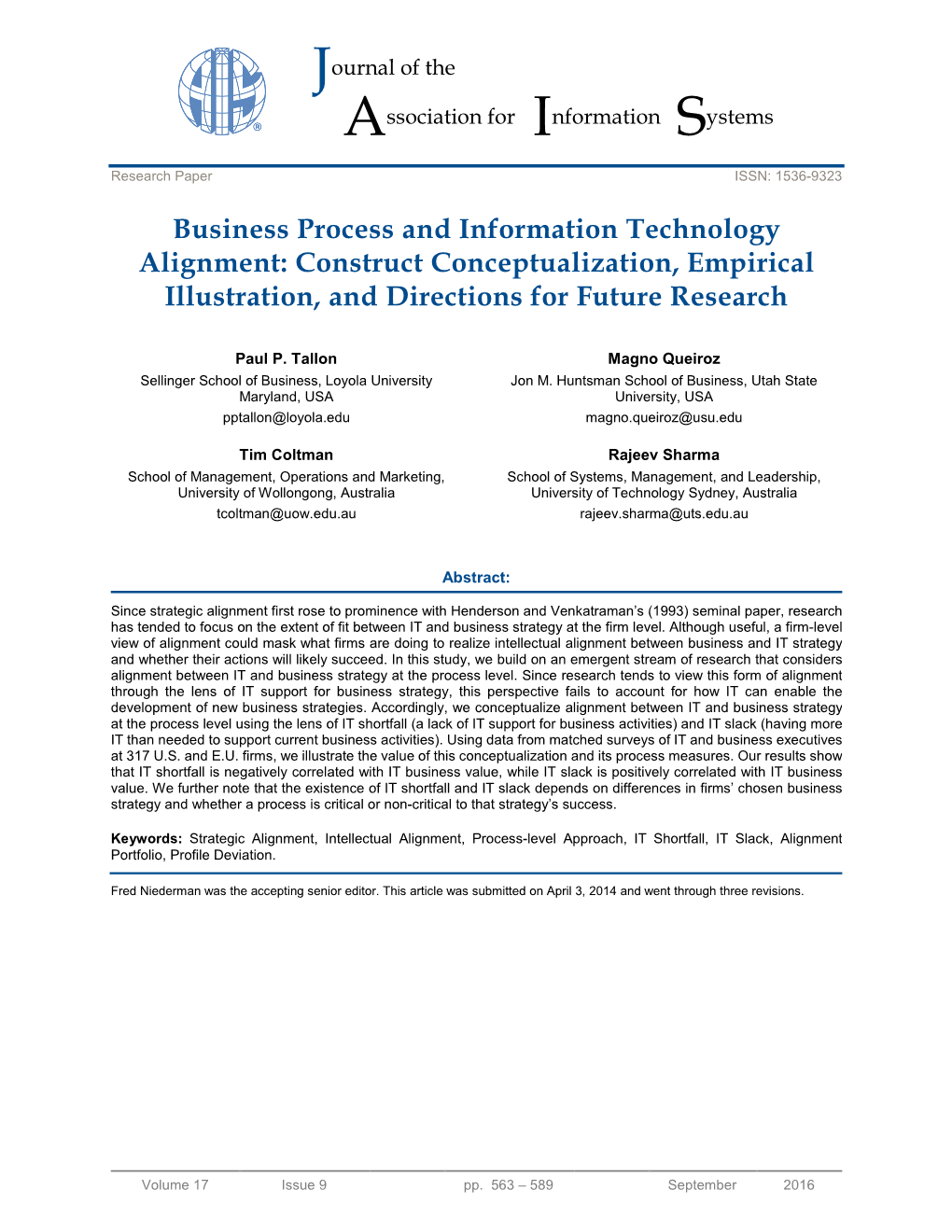 Business Process and Information Technology Alignment: Construct Conceptualization, Empirical Illustration, and Directions for Future Research