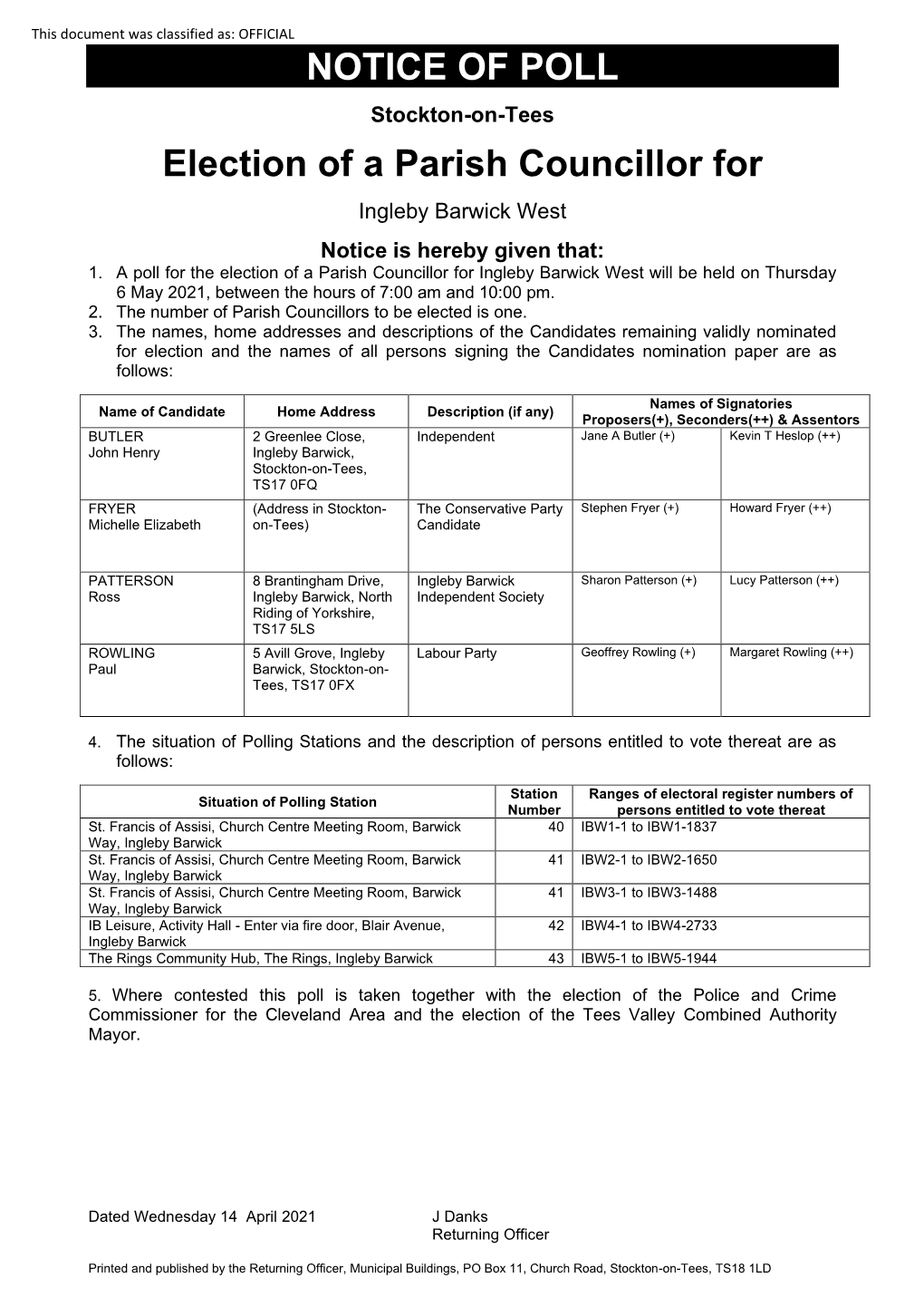 NOTICE of POLL Election of a Parish Councillor