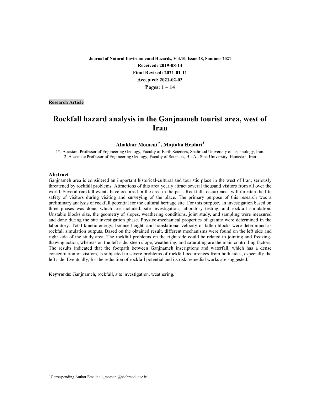 Rockfall Hazard Analysis in the Ganjnameh Tourist Area, West of Iran