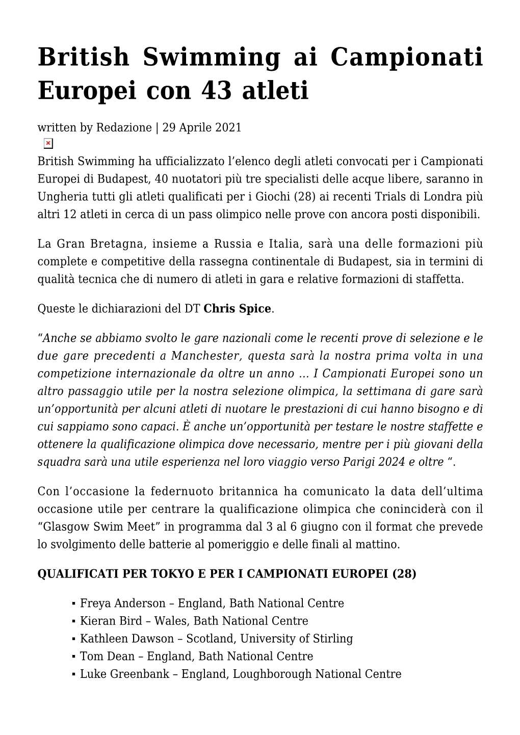 British Swimming Ai Campionati Europei Con 43 Atleti Written by Redazione | 29 Aprile 2021