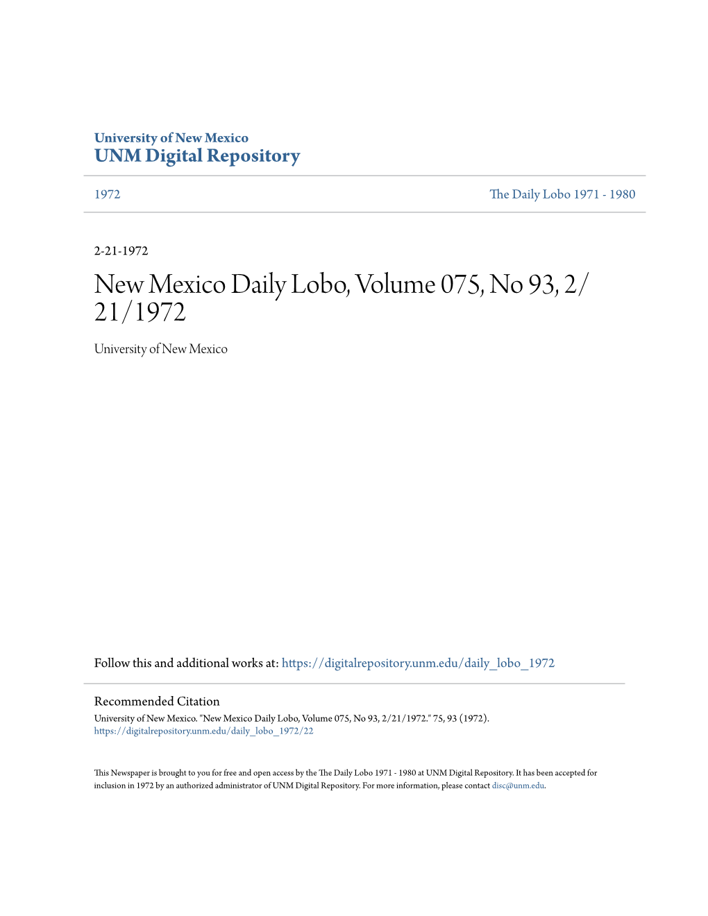 New Mexico Daily Lobo, Volume 075, No 93, 2/21/1972." 75, 93 (1972)