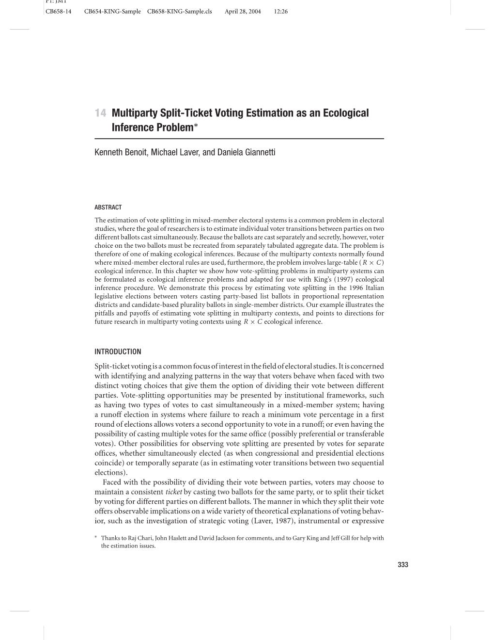 14 Multiparty Split-Ticket Voting Estimation As an Ecological Inference Problem∗