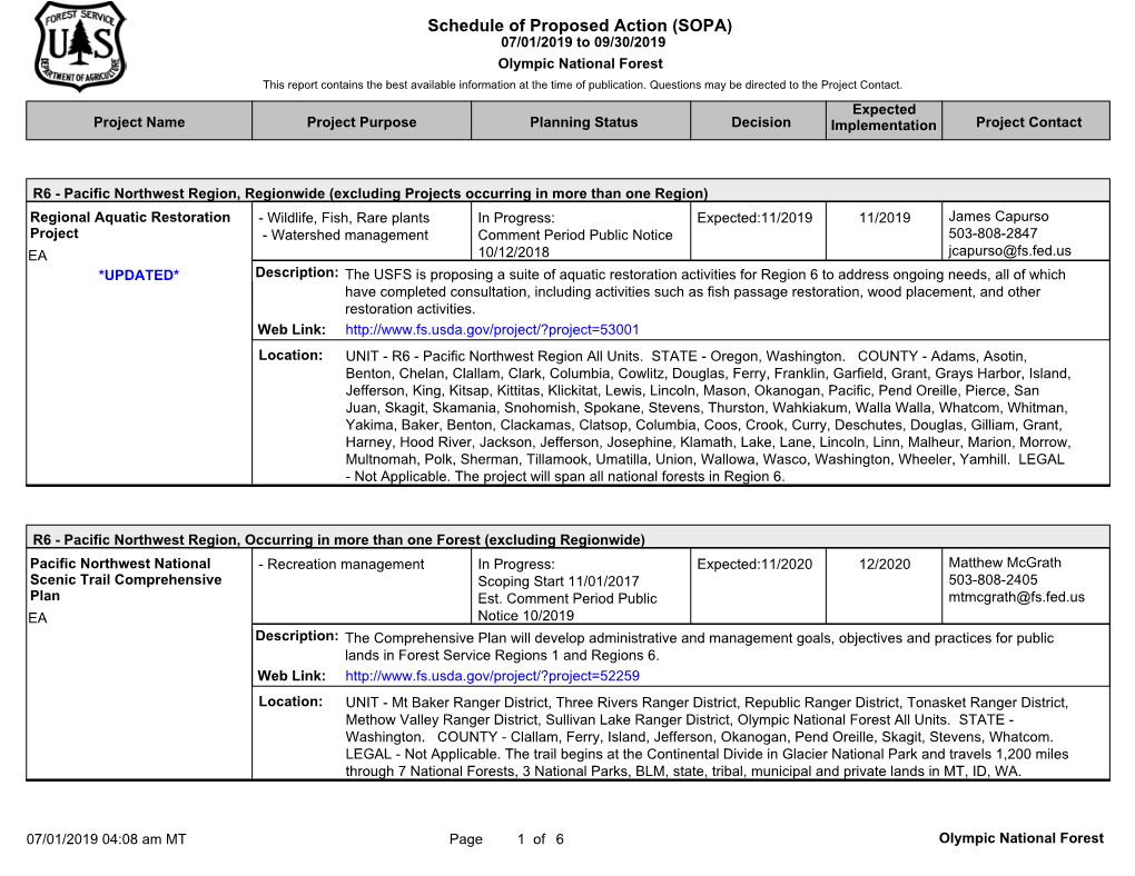 Schedule of Proposed Action (SOPA) 07/01/2019 to 09/30/2019 Olympic National Forest This Report Contains the Best Available Information at the Time of Publication