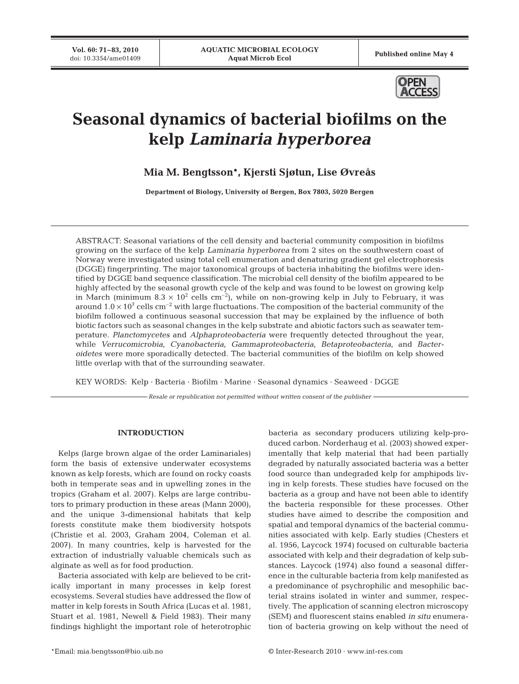 Seasonal Dynamics of Bacterial Biofilms on the Kelp Laminaria Hyperborea