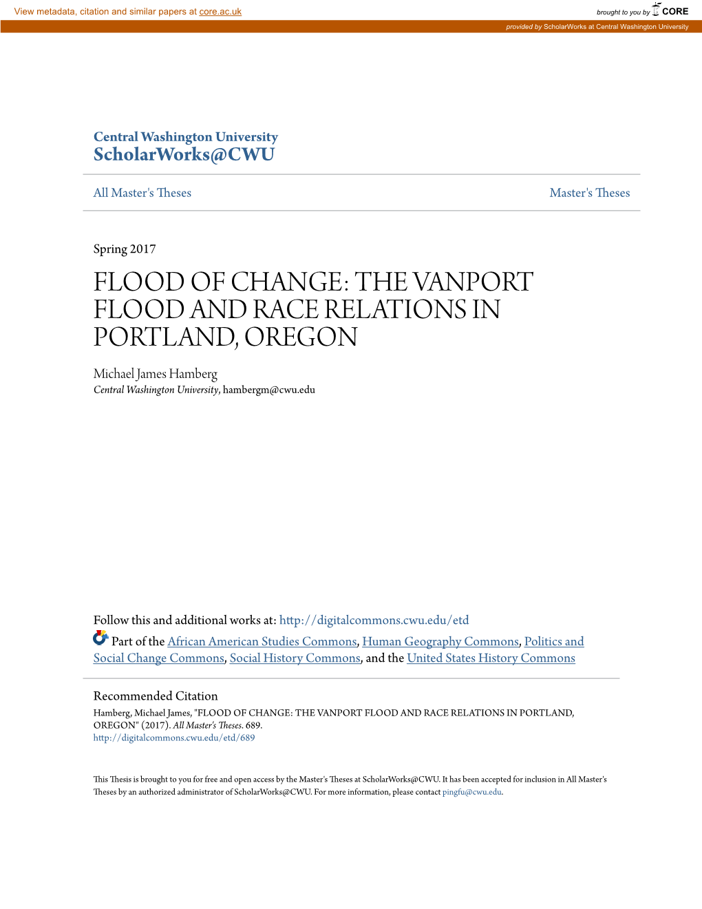 THE VANPORT FLOOD and RACE RELATIONS in PORTLAND, OREGON Michael James Hamberg Central Washington University, Hambergm@Cwu.Edu