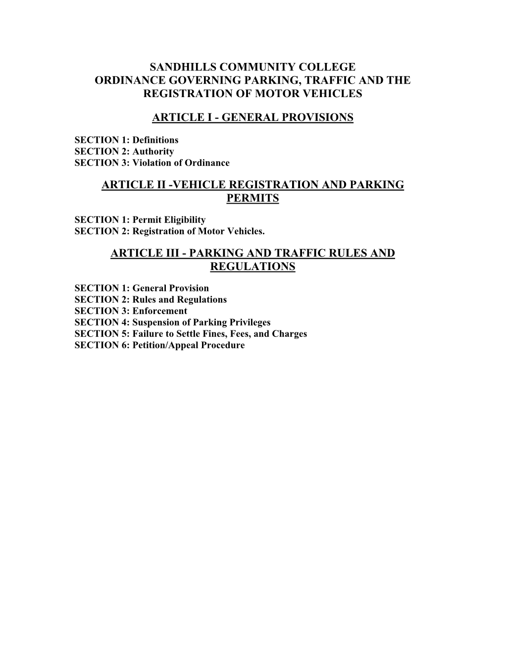 Sandhills Community College Ordinance Governing Parking, Traffic and the Registration of Motor Vehicles