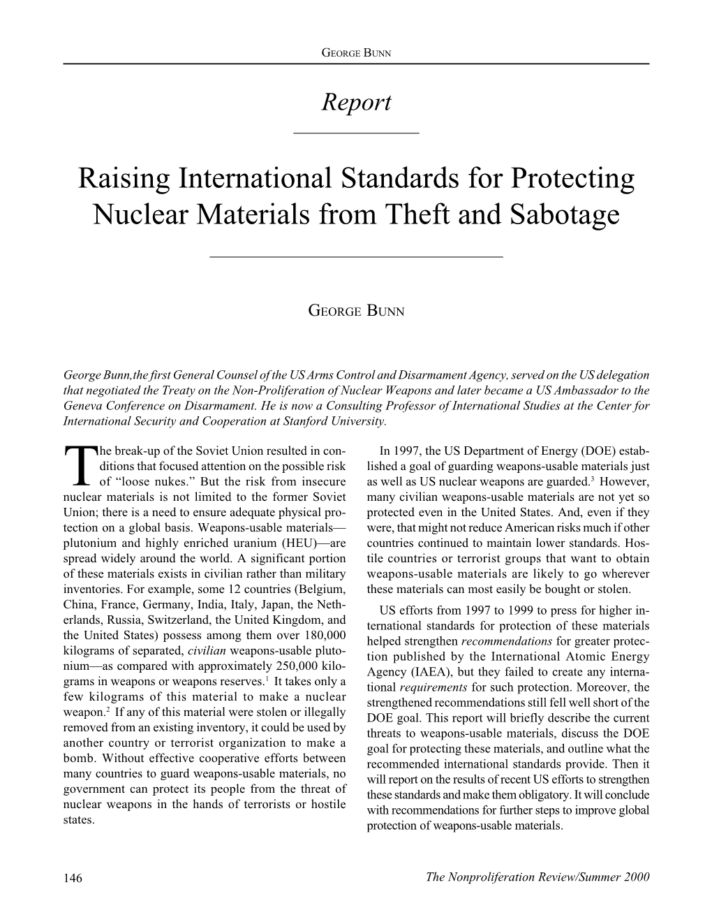 Raising International Standards for Protecting Nuclear Materials from Theft and Sabotage