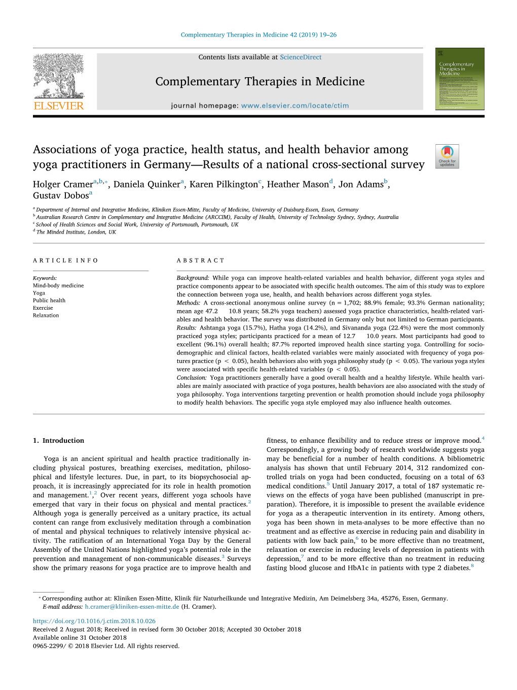 Associations of Yoga Practice, Health Status, and Health Behavior Among