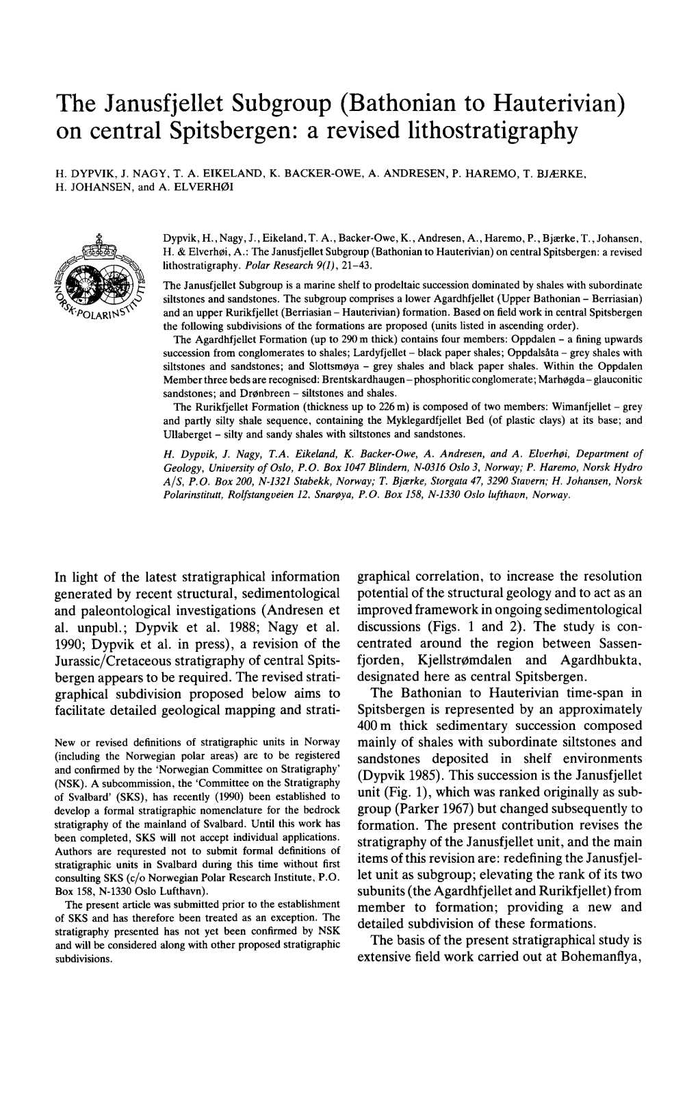 The Janusfjellet Subgroup (Bathonian to Hauterivian) on Central Spitsbergen: a Revised Lithostratigraphy