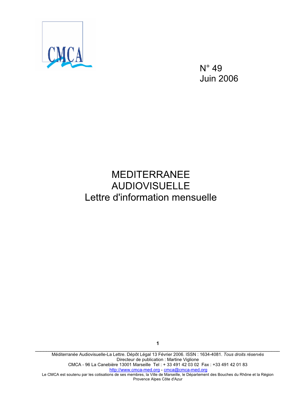 MEDITERRANEE AUDIOVISUELLE Lettre D'information Mensuelle