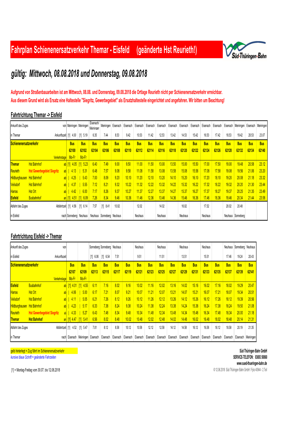 Fahrplan Schienenersatzverkehr Themar - Eisfeld (Geänderte Hst Reurieth!)