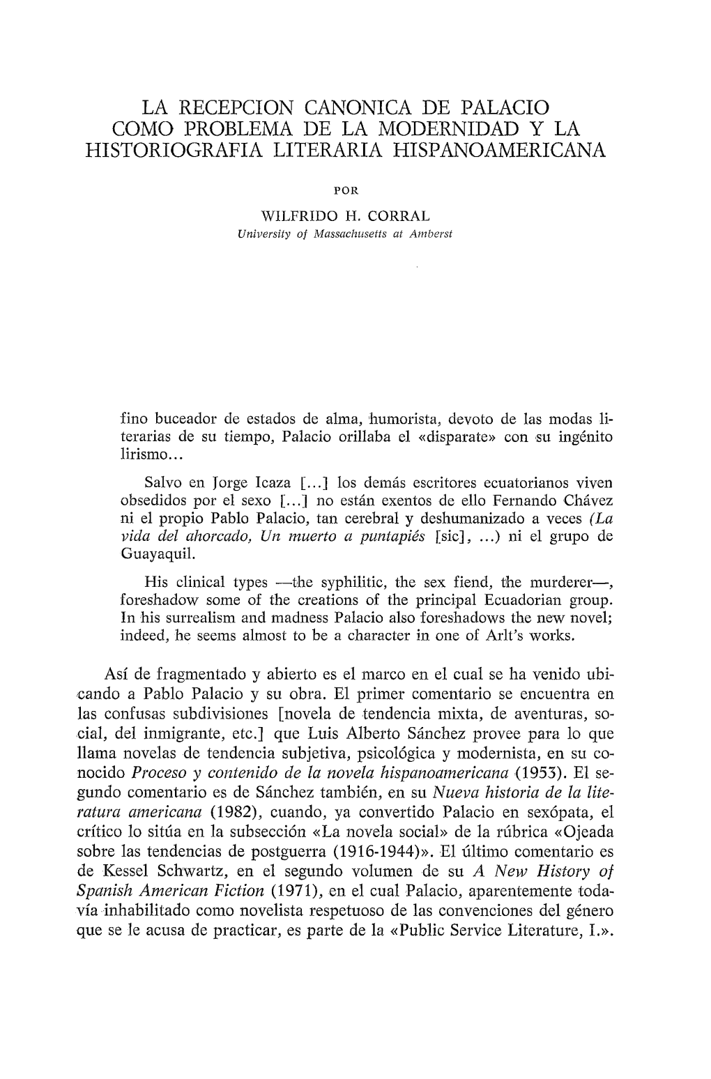 La Recepcion Canonica De Palacio Como Problema De La Modernidad Y La Historiografia Literaria Hispanoamericana