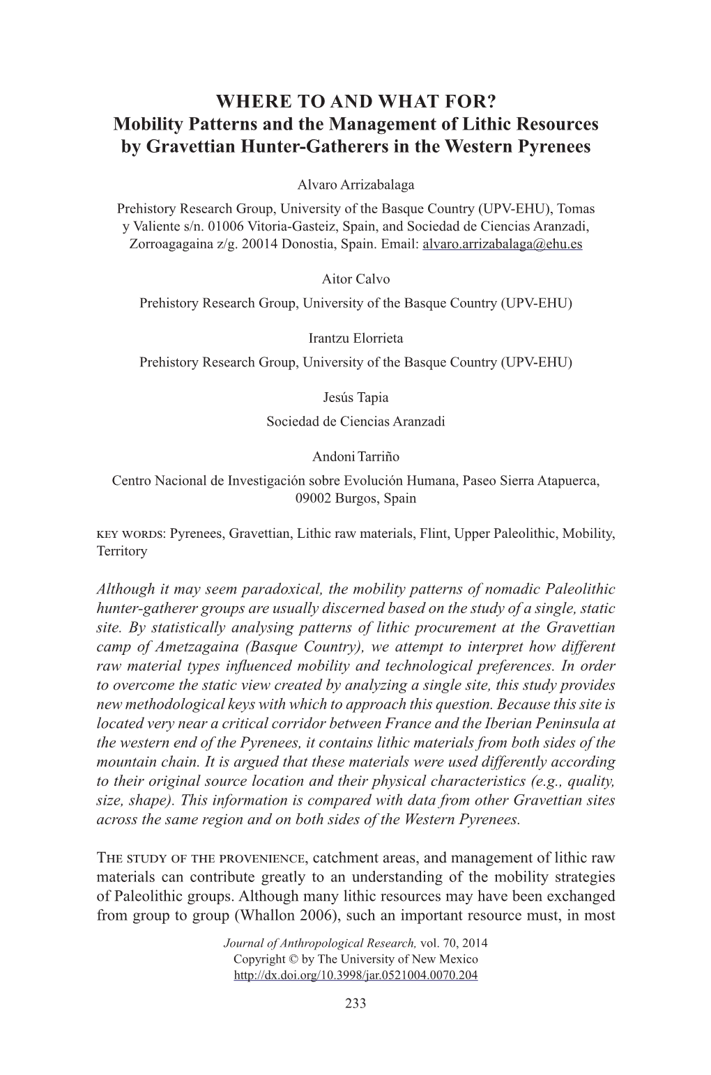 Mobility Patterns and the Management of Lithic Resources by Gravettian Hunter-Gatherers in the Western Pyrenees