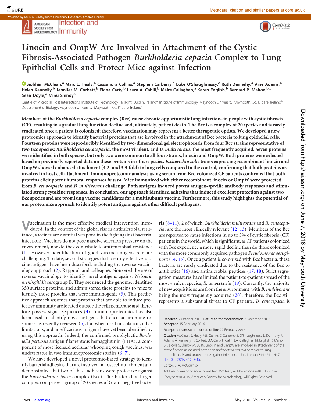 Linocin and Ompw Are Involved in Attachment of the Cystic Fibrosis