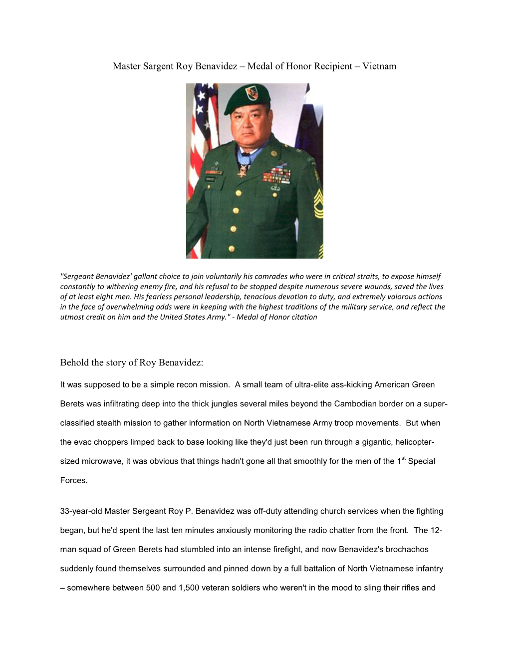 Master Sargent Roy Benavidez – Medal of Honor Recipient – Vietnam