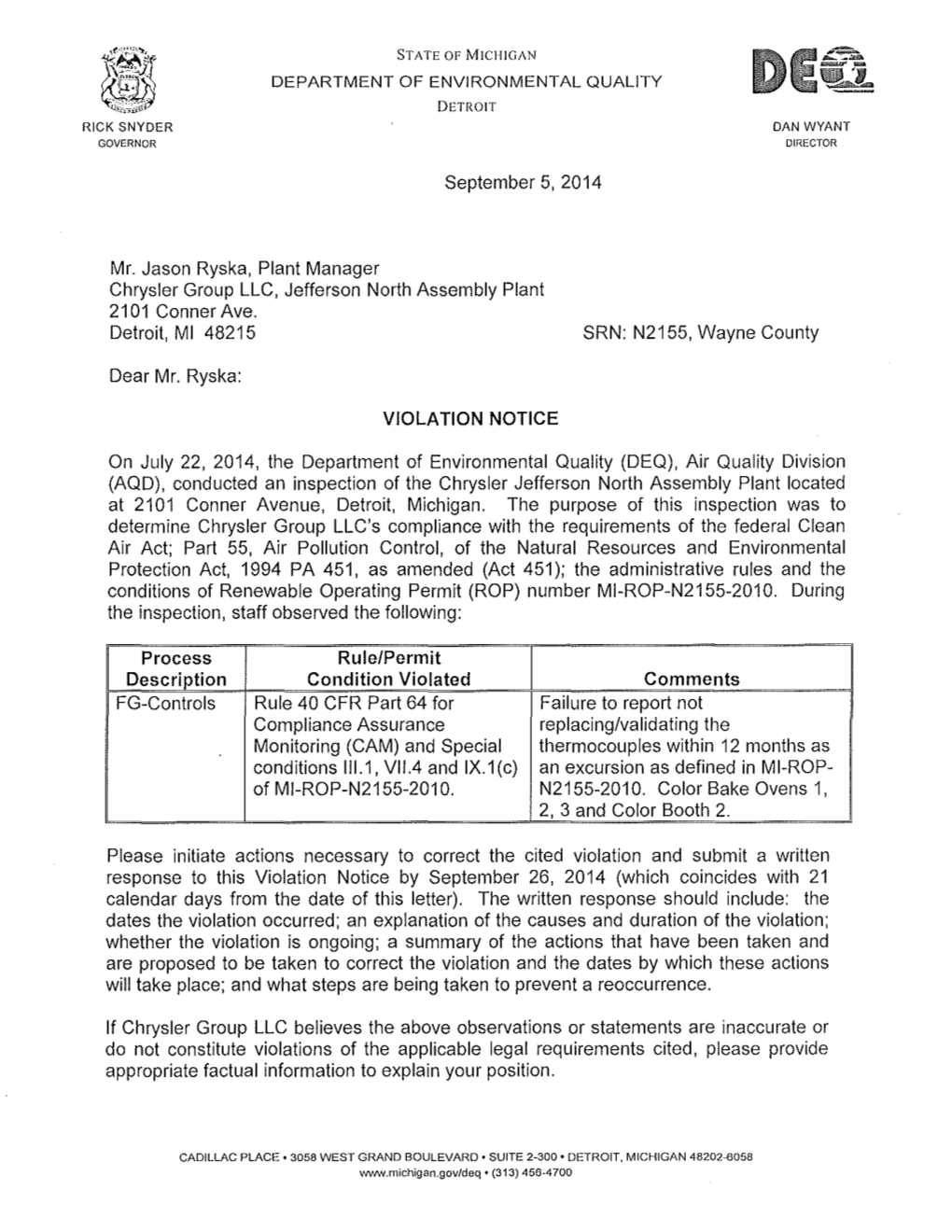 September 5, 2014 Mr. Jason Ryska, Plant Manager Chrysler Group LLC