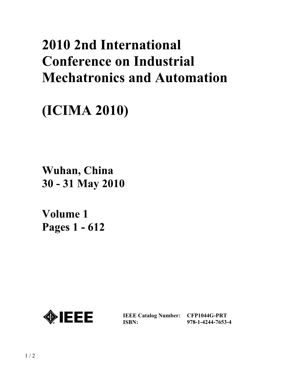 2010 2Nd International Conference on Industrial Mechatronics and Automation