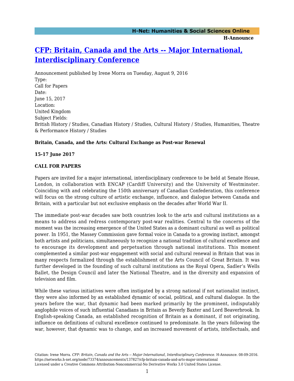 Britain, Canada and the Arts -- Major International, Interdisciplinary Conference