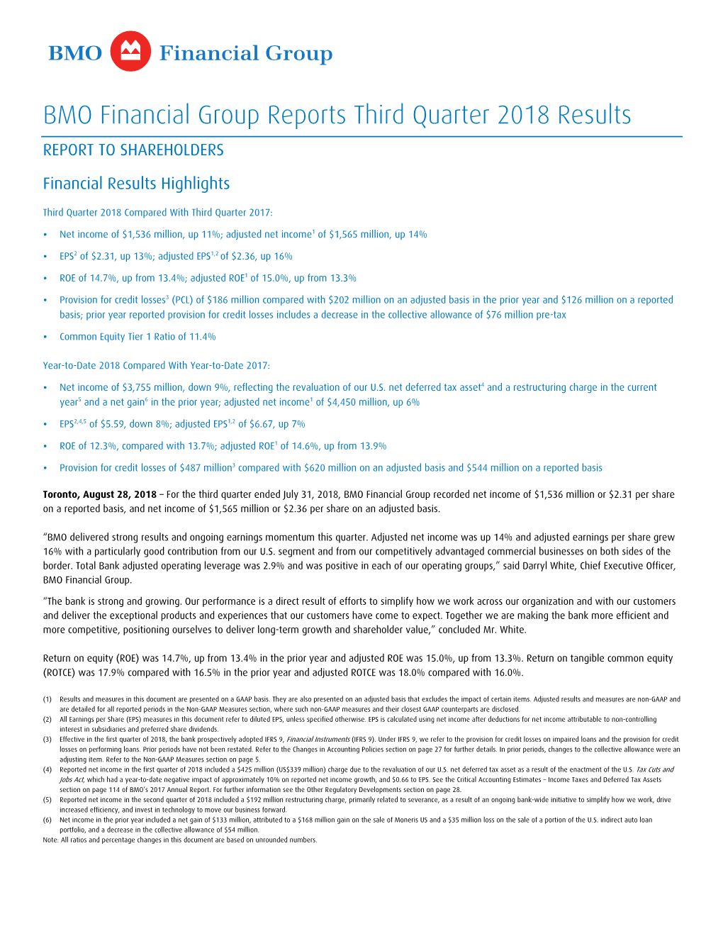 BMO Financial Group Reports Third Quarter 2018 Results