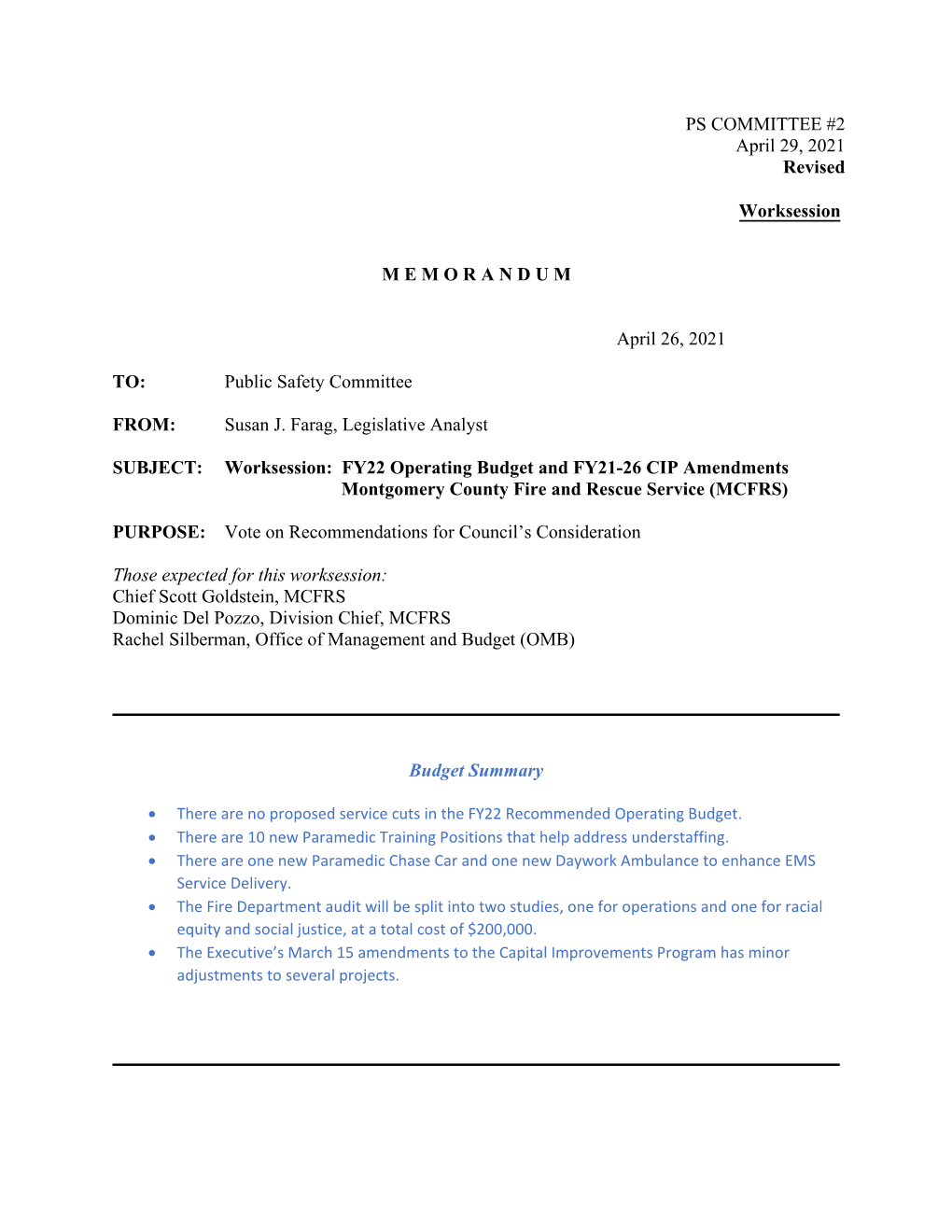 PS COMMITTEE #2 April 29, 2021 Revised Worksession MEMORANDUM April 26, 2021 TO