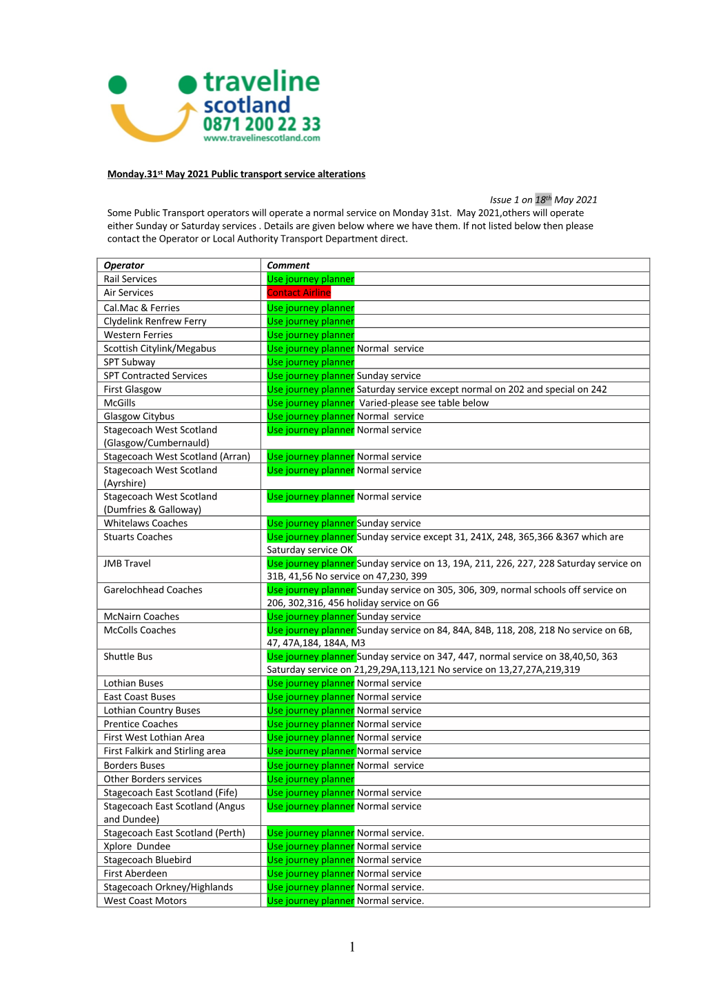 Monday.31St May 2021 Public Transport Service Alterations Issue 1 on 18Th May 2021 Some Public Transport Operators Will Operate