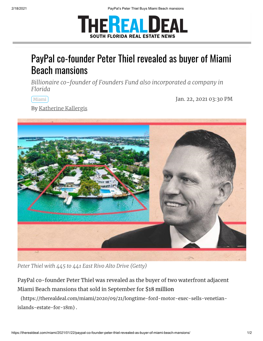 Paypal Co-Founder Peter Thiel Revealed As Buyer of Miami Beach Mansions