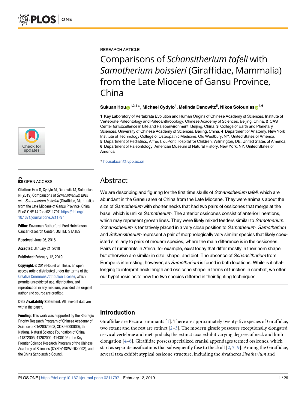 Comparisons of Schansitherium Tafeli with Samotherium Boissieri (Giraffidae, Mammalia) from the Late Miocene of Gansu Province, China