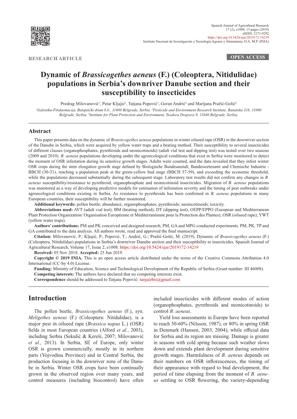 Dynamic of Brassicogethes Aeneus (F.) (Coleoptera, Nitidulidae