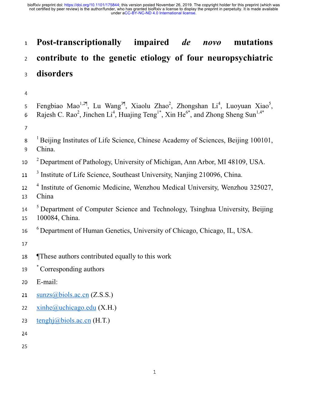 Post-Transcriptionally Impaired De Novo Mutations Contribute to The