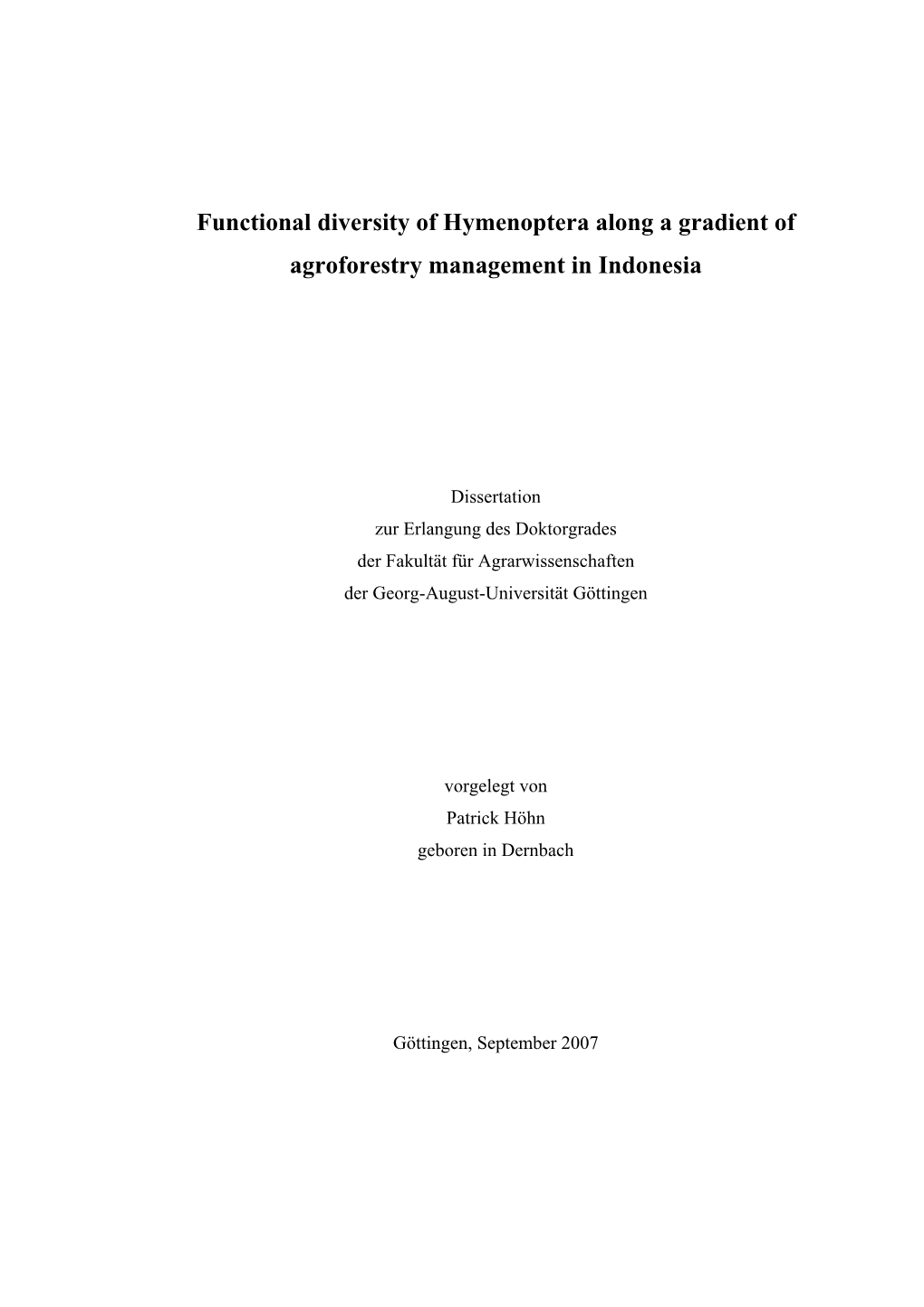 Functional Diversity of Hymenoptera Along a Gradient of Agroforestry Management in Indonesia