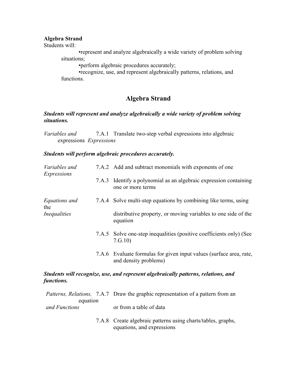 Represent and Analyze Algebraically a Wide Variety of Problem Solving Situations;