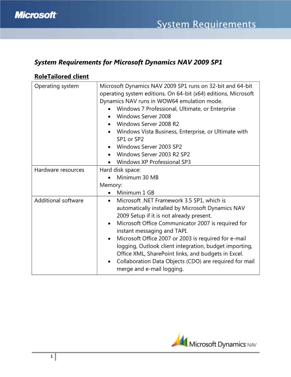 System Requirements for Microsoft Dynamics NAV 2009 SP1