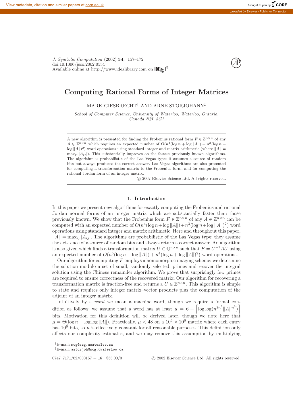 Computing Rational Forms of Integer Matrices