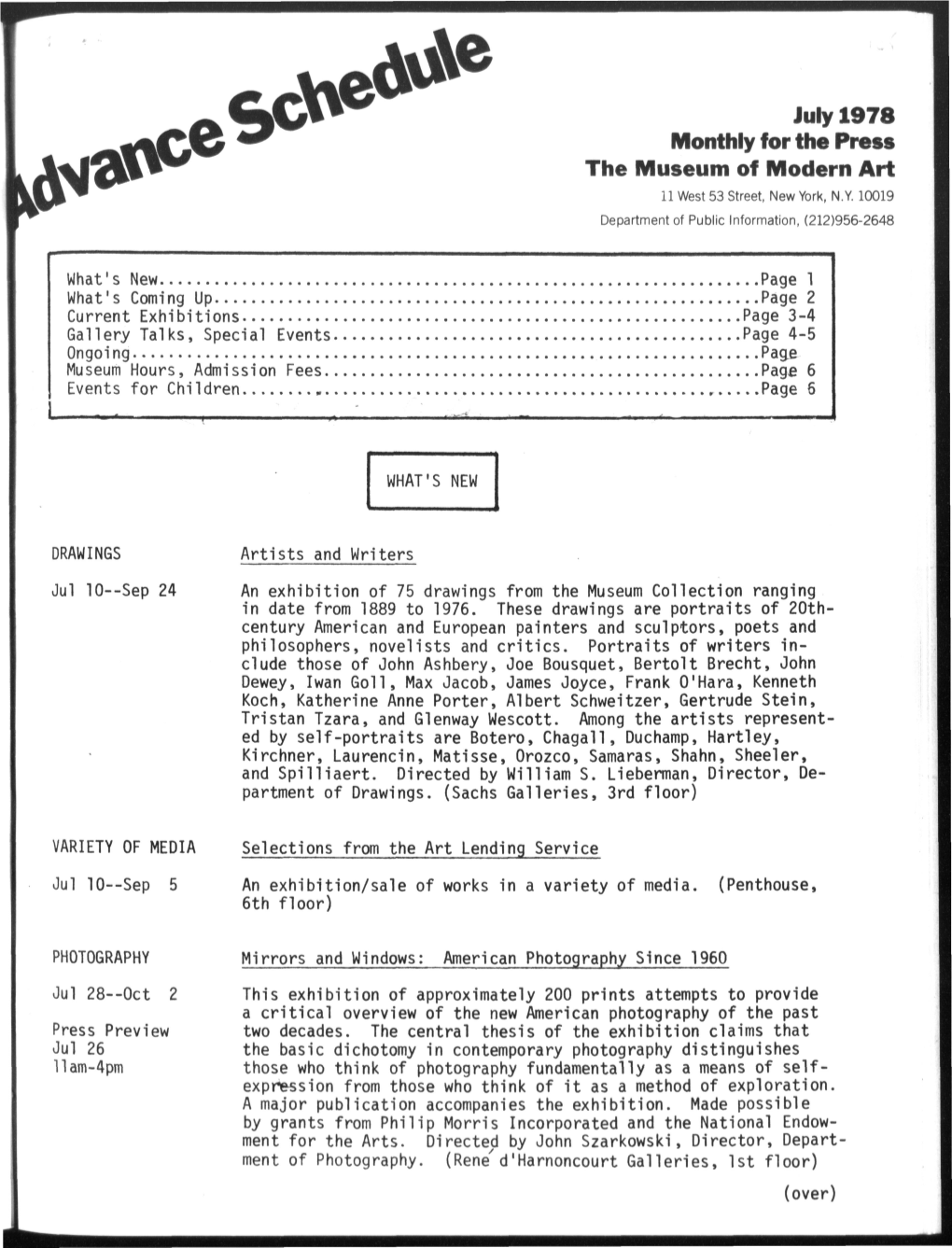 July 1978 Scv^ Monthly for the Press && the Museum of Modern Art Frl 11 West 53 Street, New York, N.Y