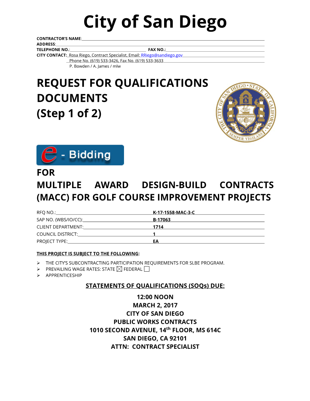 Multiple Award Design-Build Contracts for Golf Course Improvement Projects Table of Contents 1
