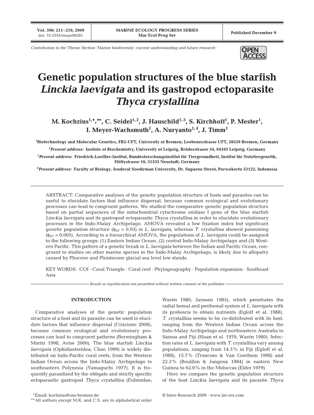 Genetic Population Structures of the Blue Starfish Linckia Laevigata and Its Gastropod Ectoparasite Thyca Crystallina