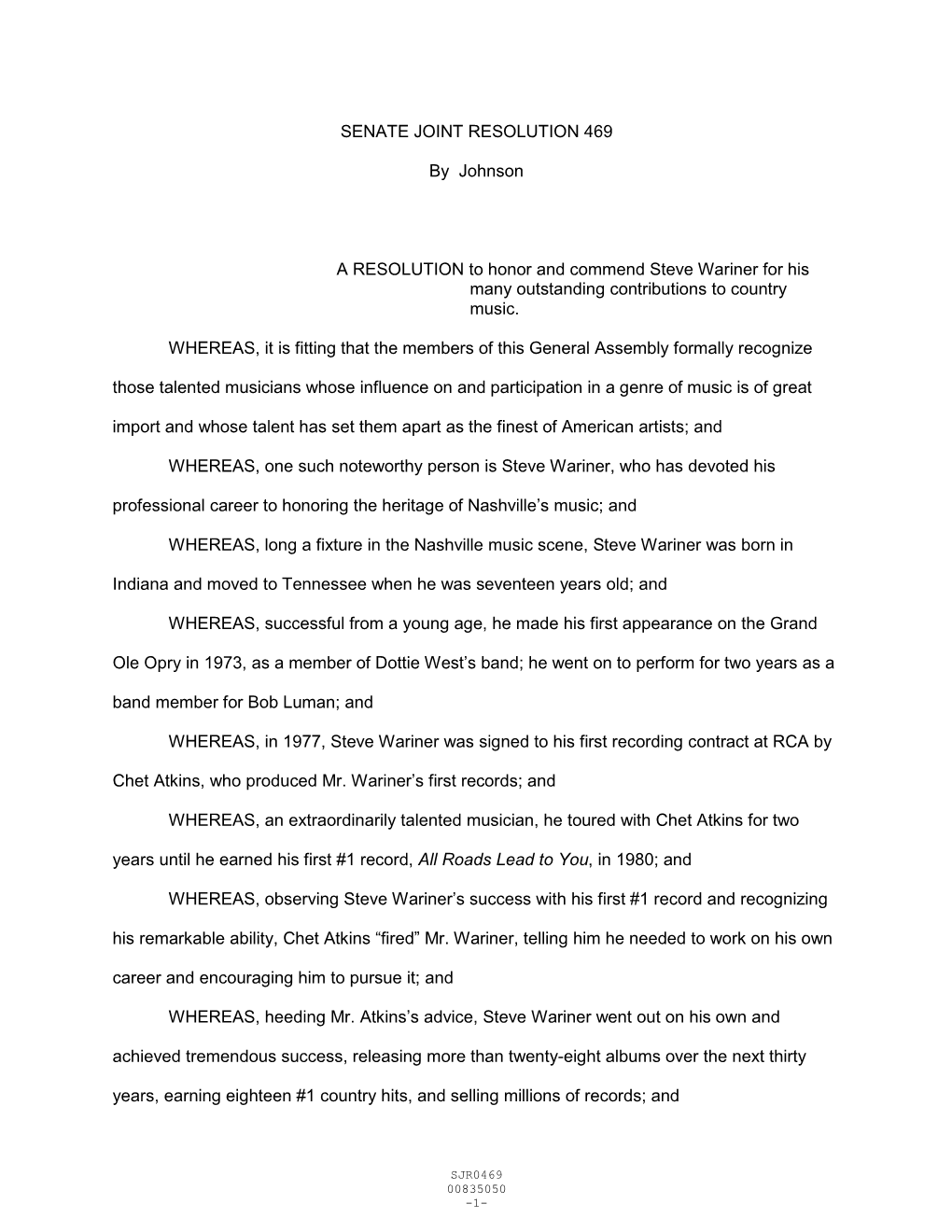 SENATE JOINT RESOLUTION 469 by Johnson a RESOLUTION To