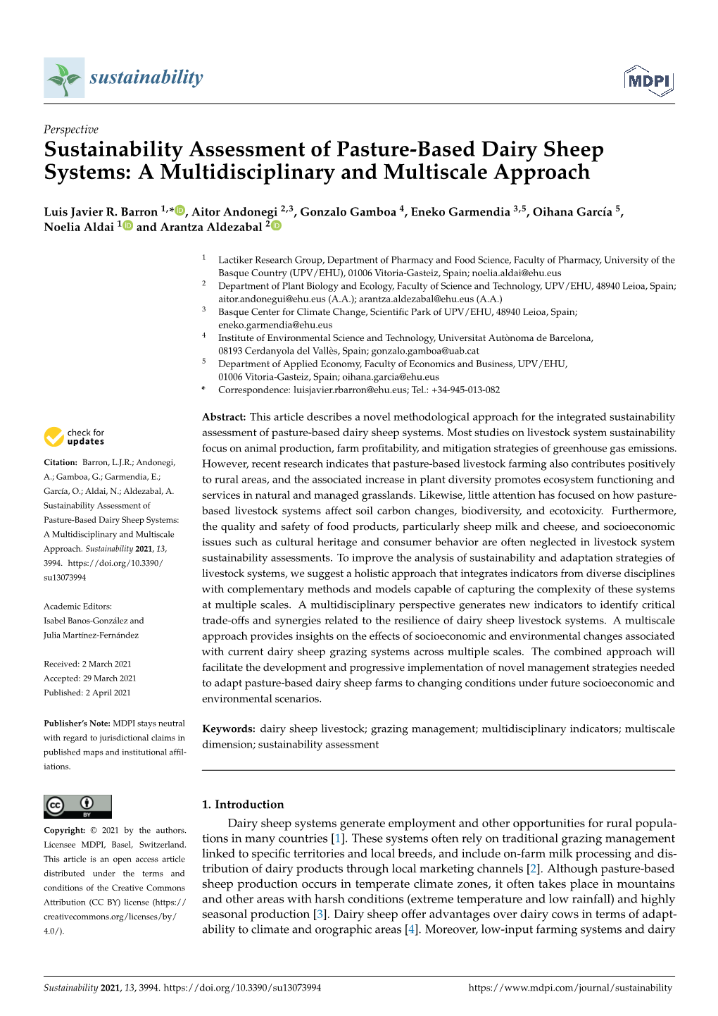 Sustainability Assessment of Pasture-Based Dairy Sheep Systems: a Multidisciplinary and Multiscale Approach