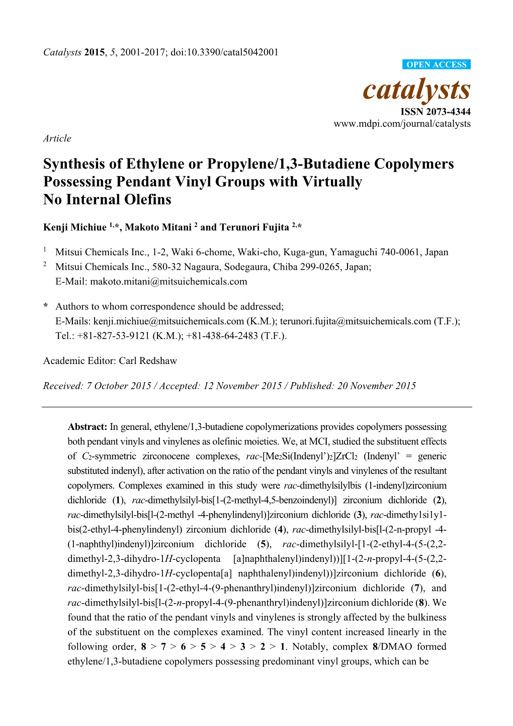 Synthesis of Ethylene Or Propylene/1, 3-Butadiene Copolymers