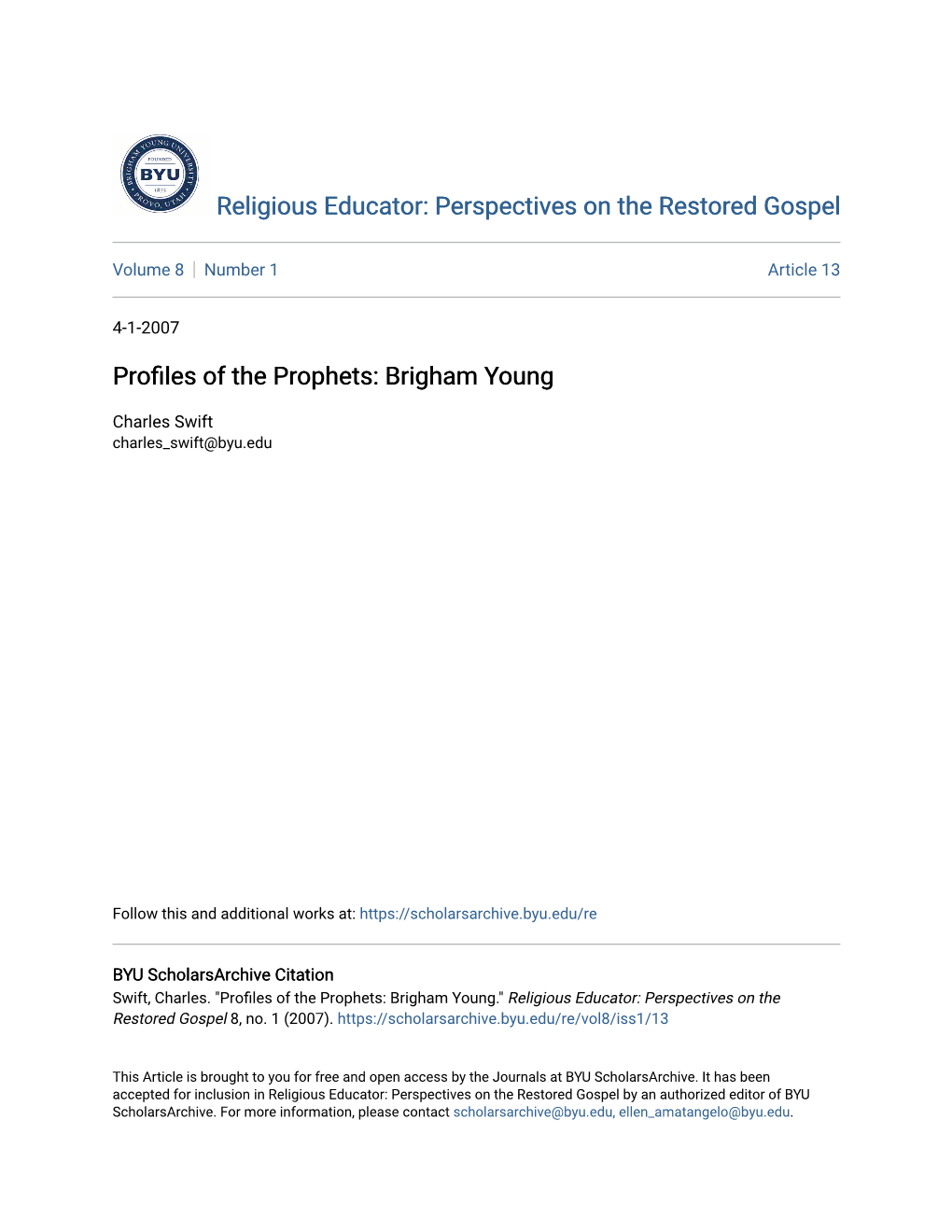 Profiles of the Prophets: Brigham Young