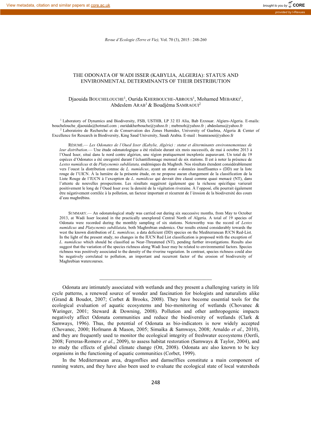 The Odonata of Wadi Isser (Kabylia, Algeria): Status and Environmental Determinants of Their Distribution